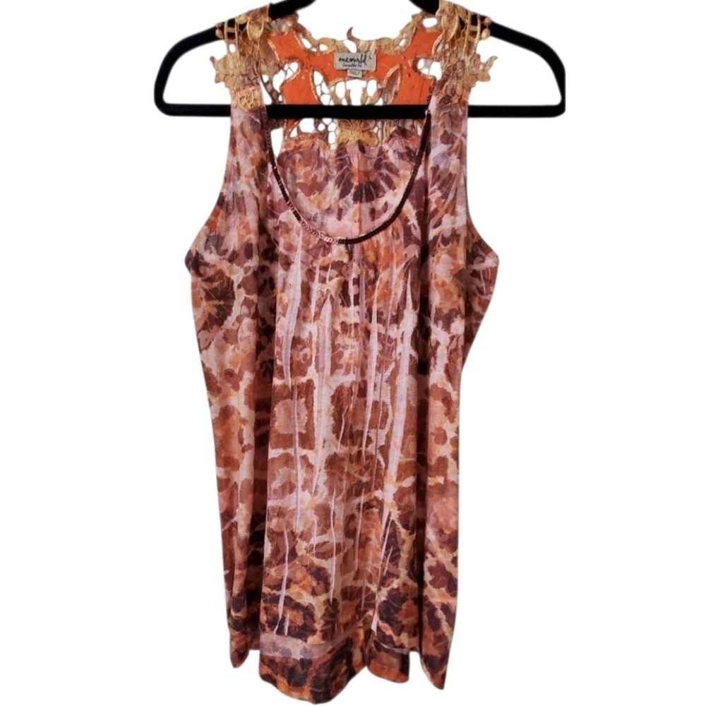 One World Embroydered Western Boho Tank Top Brown And Rust Abstract Print Size L